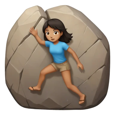 a girl with dark hair pushing a big boulder sticker