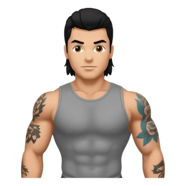 a guy with mullet and tattoos. Black hair. Muscled sticker