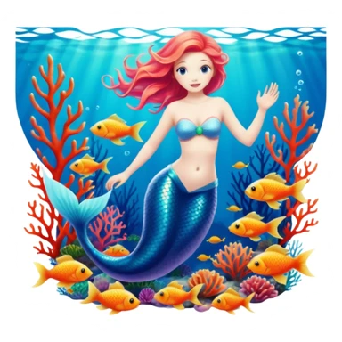 The most incredibly beautiful mermaid swimming underwater, with realistic bright, vividly colored fish, pretty realistic detailed coral, still life highly detailed 2D design sticker