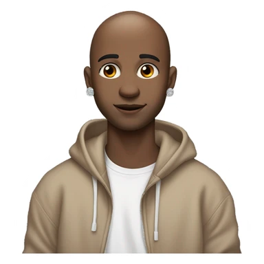 a bald guy of 20 years old with a blush on his cheeks, brown eyes and a small diamond earring in his left ear looks at us indifferently, dressed in a black oversized hoodie and holding a microphone in his hands sticker