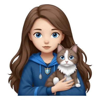 gorgeous Girl with light skin, blue eyes, long brown hair, wears a ravenclaw outfit, with a grey and white cat holding in her arms sticker
