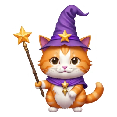 Orange cat wearing a purple wizard hat and holding a magic wand with a star at the tip sticker