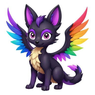 Cartoon female black Fox dragon hybrid purple eyes with rainbow colored wings face front full body sticker