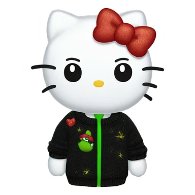 Hello kitty wearing black sweater with a glittery grinch embroidered on the sweater sticker