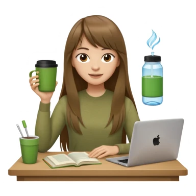 a designer with light skin long brown hair bangs waving, stack of books, coffee cup on top, water bottle, computer, matcha, no glasses sticker