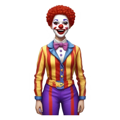 JoJo Tickle (Jojo's circus) female clown white skin, clown red nose, red hair, short hair, blue barret with covered red pompom, yellow shirt with covered paint splatters purple and blue pattern, red pants with orange stripes and white red big shoes sticker