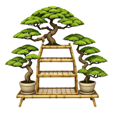 Wide Three tiered bonsai planters stand, shelving holding nine specimens, frame made of one inch thick bamboo  sticker