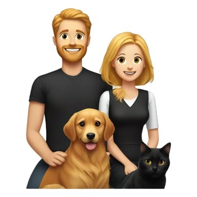 Family portrait with a smiling blonde woman,  red-haired man,  golden retriever sitting beside them, and  black cat sitting in front. sticker