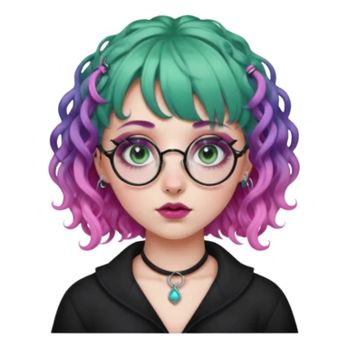 . Gothic girl with pink to violet ombré hair with pink on top, ringlet curly hair, bangs round glasses, septum piercing, nostril piercing, almond eyes, blueish green eyes,heavy eyeliner,  sticker