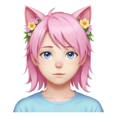 Pastel effeminate young femboy man with pastel pink shiny hair, pink cat ears, pastel yellow blouse, blue eyes, cute, gorgeous, anime, catboy, romantic, beautiful, flowers, aesthetic sticker