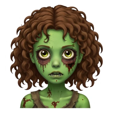 Faça uma garota zombie de cabelo cacheado castanho, olhos castanhos escuro e pele verde d zombie, com o cabelo abaixo do ombro sticker