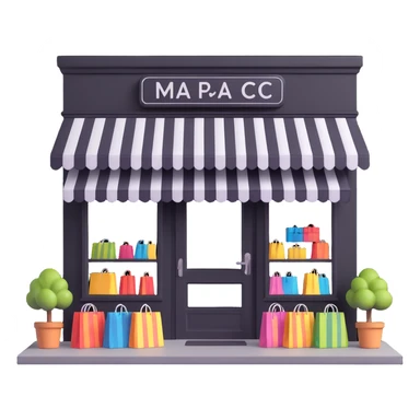 friendly storefront with striped awning and shopping bags at the entrance, pastel colors sticker