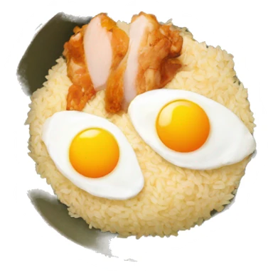 a bowl of rice with two eggs and chicken thigh sticker