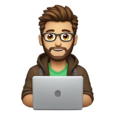 Cute programmer on his laptop looking front with a brown quiff as a hair and brown eyed with a bit of a beard sticker