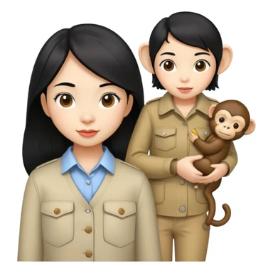 an asian girl with black hair with a cute monkey in her pocket sticker