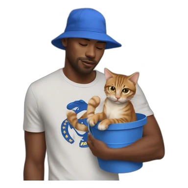 Man stroakig a cat in his hands wearing a chelsea t shirt and a blue bucket hat crying sticker