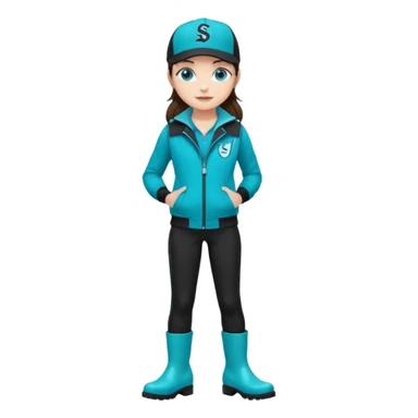 A landscaper in a beautiful turquoise jacket, turquoise rubber boots, and black pants. Over the turquoise jacket, she wears a black sleeveless vest. On her head, she wears a black Swissotel baseball cap. The girl is a brunette with blue eyes. sticker