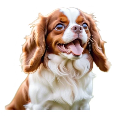 Cinematic Cute Yawning Blenheim Cavalier King Charles Spaniel Portrait Emoji, Head tilted slightly with a dramatic, wide-open yawn, soft Blenheim coat with delicate chestnut and white markings, floppy ears slightly drooping, round brown eyes barely open in drowsy contentment, Simplified yet irresistibly adorable features, highly detailed, glowing with a soft, cozy glow, high shine, relaxed yet expressive, stylized with a touch of whimsy, bright and endearing, soft glowing outline, capturing the essence of a sleepy yet affectionate companion, so drowsy it feels like it could stretch right out of the screen and curl up for a nap! sticker