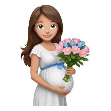 Create a cute emoji-style illustration of a young brunette woman with long brown hair, blue eyes, and a happy smile. She is pregnant, shown with a visible baby bump, wearing a simple white dress and holding a small bouquet of flowers. She looks excited and joyful, as if she's about to marry soon. sticker