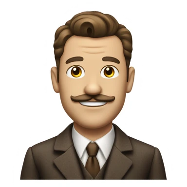 A man that looks like a 1930s spiv and a little moustache brown hair suit with garlic sticker