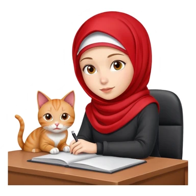 girl with red hijab. she's at a desk with a cat sitting on it sticker