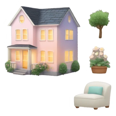 Create a small, cozy house emoji with glowing windows, a little garden, and a soft, pastel color palette to feel warm and welcoming. sticker