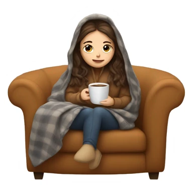 Brunette white girl covered in blanket autumn vibe sitting on a cozy chair holding coffee sticker