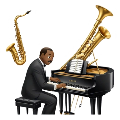 Icon for Jazz Music: Count Basie Orchestra, with Count Basie at the piano surrounded by jazz musicians playing instruments like saxophones, trumpets, and drums. Floating musical notes should capture the energetic and smooth vibe of big band jazz. Transparent background. sticker
