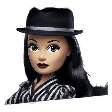 Bouclé Beauty Lingerie Barbie, Morticia Addams from academy, in dark-gray and black striped outfit with hat. Driving 1965 Mercedes 190 sticker