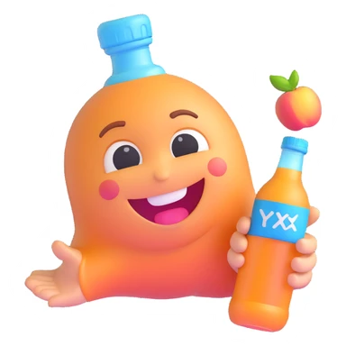 smiling emoji with blushing cheeks, cute begging face, holding a bottle labeled 'Syx Peach Ice', laughing, 3D emoji style sticker