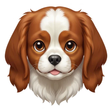 Cinematic Cute Blenheim Cavalier King Charles Spaniel Portrait Emoji, Head tilted playfully and inquisitively, silky Blenheim coat with warm chestnut and crisp white patches, round, sparkling brown eyes filled with curiosity, Simplified yet irresistibly adorable features, highly detailed, glowing with a warm, friendly glow, high shine, affectionate and lively, stylized with a touch of whimsy, bright and endearing, soft glowing outline, capturing the essence of a mischievous yet loving pup, so playful it feels like it could pounce out of the screen and into your arms! sticker