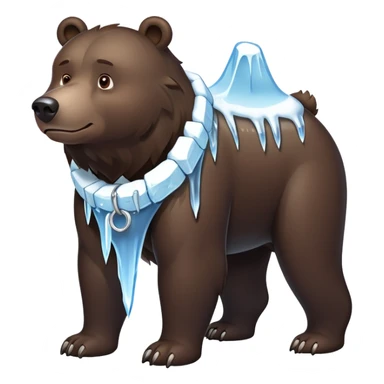 Realistic dark brown bear on four legs with a frozen ice collar that has icicles protruding downward, shaped like a large dog collar but made of crystal clear ice sticker