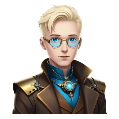 Dr. Numen Oppen is a rogue quantum physicist turned cybernetic oracle. He exudes elegance, mystery, and futuristic sophistication, standing against the neon skyline of a cyberpunk city, with striking blue eyes and a refined, brass-accented steampunk outfit.  sticker