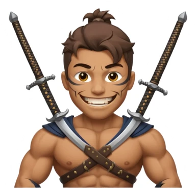 Haz que tenga una sonrisa epica una cicatriz en el ojo serrado y una espada entre los dientes y dos más a cada lado. sticker