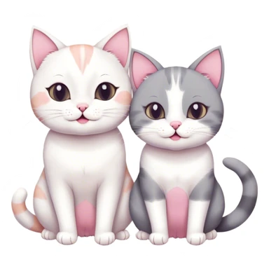This is a simple and adorable cartoon illustration with a healing-style aesthetic. The image features two cats. The one on the bottom is round and white, with pink blush on its cheeks and a cheerful little mouth, giving it a cute expression. The cat on top is mainly gray and white. Its head, ears, back, and tail are gray, while the center of its face, around its mouth, and its chin are white. Its front paws are also mostly white, and the gray areas form a symmetrical mask-like pattern. Additionally, it has a slight pink blush on its cheeks, making it look very cute. Its expression is calm but slightly lazy. The two cats are stacked on top of each other, resting on a green cushion, creating a warm and delightful scene. sticker