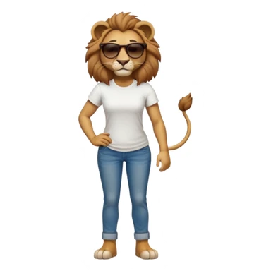 friendly anthropomorphised female lion character, full body, standing confidently with legs shoulder width apart and arms folded, wearing jeans, a white t-shirt, and dark sunglasses, with a confident smile sticker