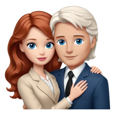 Barbie girl  , eyes blue , Chestnut red long wavy hair In pale beige clothes, Hugs a man with dark white hair short haircut, brown eyes , and a black suit sticker