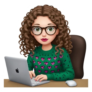 a european white young woman with long wavy/curly brown hair typing in a computer, she's using dark brown leopard glasses and knit green sweate, her lips are light red and her cheeks slightly pink sticker