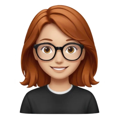 red-brown haired girl, middle length straight hair - wavy towards the ends, brown almond eyes, thick black glasses, oversized shirt sticker