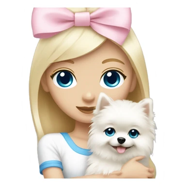 Blond girl white skin blue eyes hugging white Pomeranian with light pink bow sticker