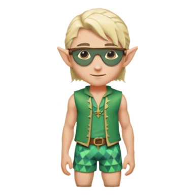elf male legolas portrait, patterned board shorts (geometric/abstract), unique wooden-framed sunglasses, undercut hairstyle, slight smirk, visible pointy ears, no background, centered emoji, hipster summer vibe sticker