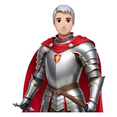 side-view RPG character asset in a clean. The character is a brave knight with exaggerated, rounded features and minimal linework. They wear polished armor in silver tones, with a bright red cape flowing behind them. The face should have large, expressive eyes and a friendly smile that’s clearly visible even from the side view. Keep proportions simple and cartoony. The stance is slightly turned to emphasize the character’s side profile (facing right), with one hand on the hip and the other resting on a sheathed sword at the waist. The colors should be vibrant and easy to read, with smooth shading reminiscent of typical emoji designs. Include two variations: one idle pose and one simple walking pose, each capturing the playful, streamlined look of emoji-like characters. sticker