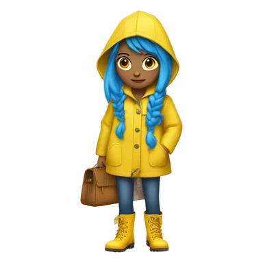 girl with blue hair in a bob, button eyes, a yellow raincoat, some freckles, blue skinny jeans, a yellow pair of rain boots to match the rain coat, a bag like purse, and a scowl sticker