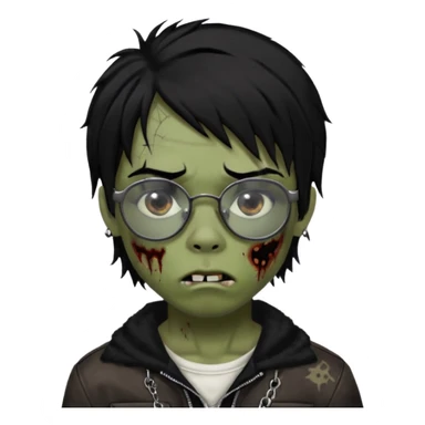 Boy, zombie, black hair, medium long, emo, shaggy, dark, spooky, creepy expression emoji, add dolce gabanna glasses, a risk on the eyebrow, some tattos  sticker
