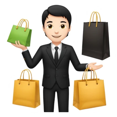 a white man black hair in a black suit with clothing shopping bag sticker