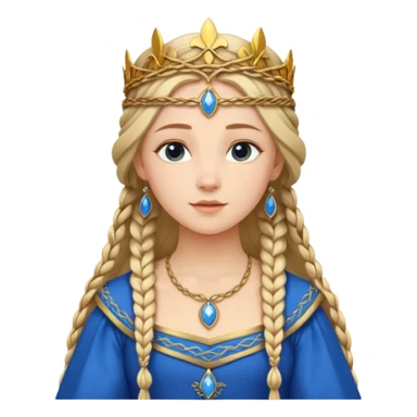 An emoji portrait of a medieval European princess. She wears a long-sleeved bliaut dress in a vibrant blue color, with a delicate golden circlet on her head. Her hair is braided in long tresses, and her expression is gentle and pious. sticker