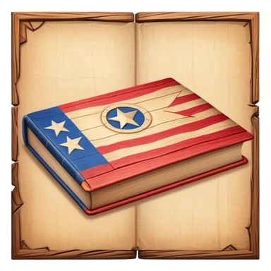 Elegant aged book with the Puerto Rican flag subtly embossed on the cover, carved wooden theater stage symbol, vintage textured cover with warm wood and parchment tones, slightly glowing, representing the eternal legacy of scenic design sticker