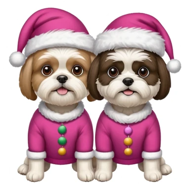 two dogs one little white all over shih tzu dog with pink santa hat and one bigger mostly white with black havanese dog wearing red christmas sweater and red christmas hat sticker