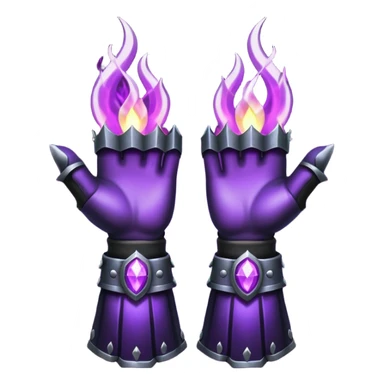 A Discord emoji of a pair of black armored gauntlets holding a flickering violet flame. The hands are positioned as if offering a gift. Dark gothic fantasy, glowing magical effects, high contrast, 2D vector style, white background. sticker