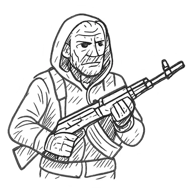 old skinny tough charismatic character from STALKER with a big machine gun sticker